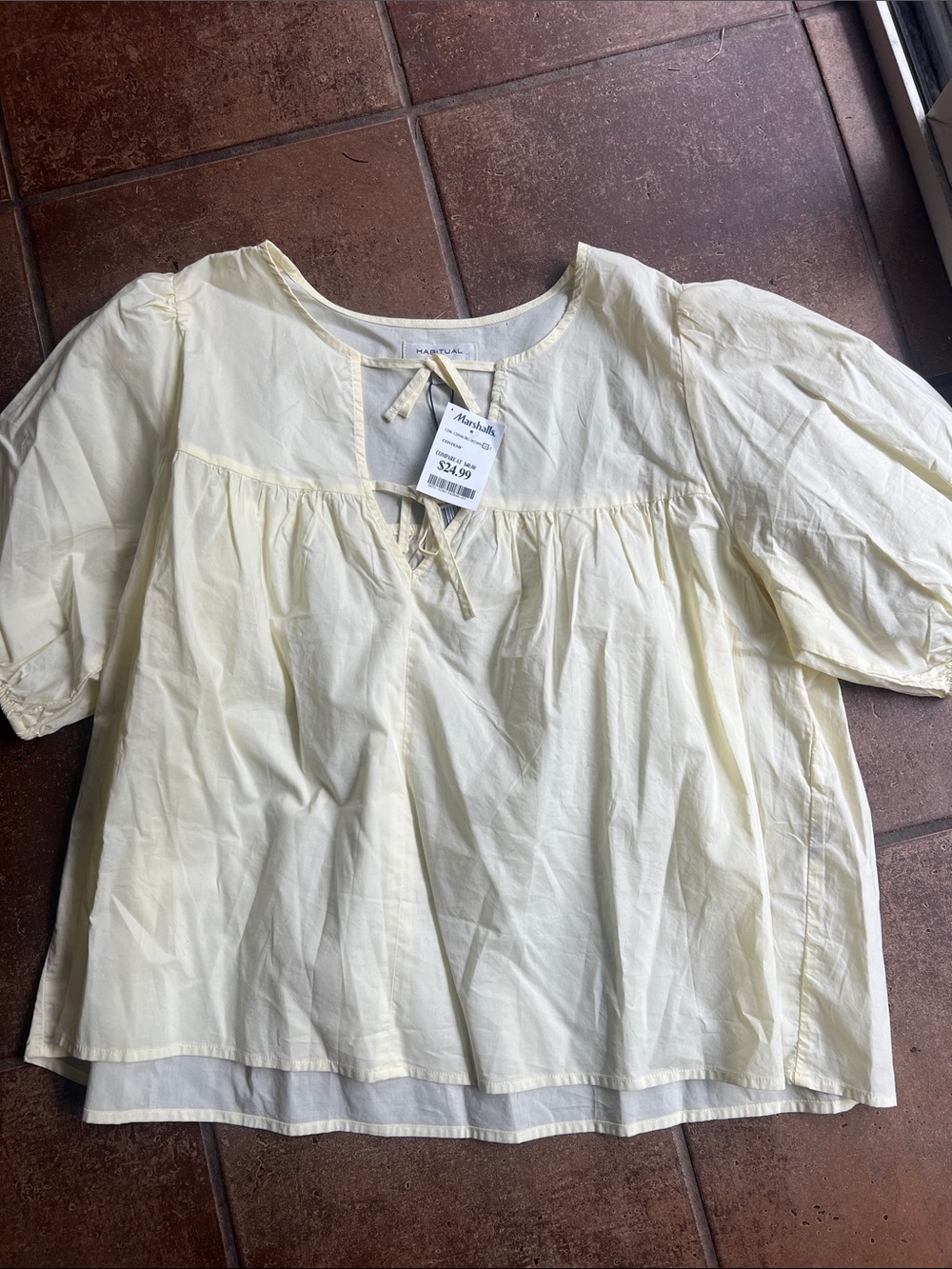 Habitual Light Yellow Peasant Blouse with Tie Neck